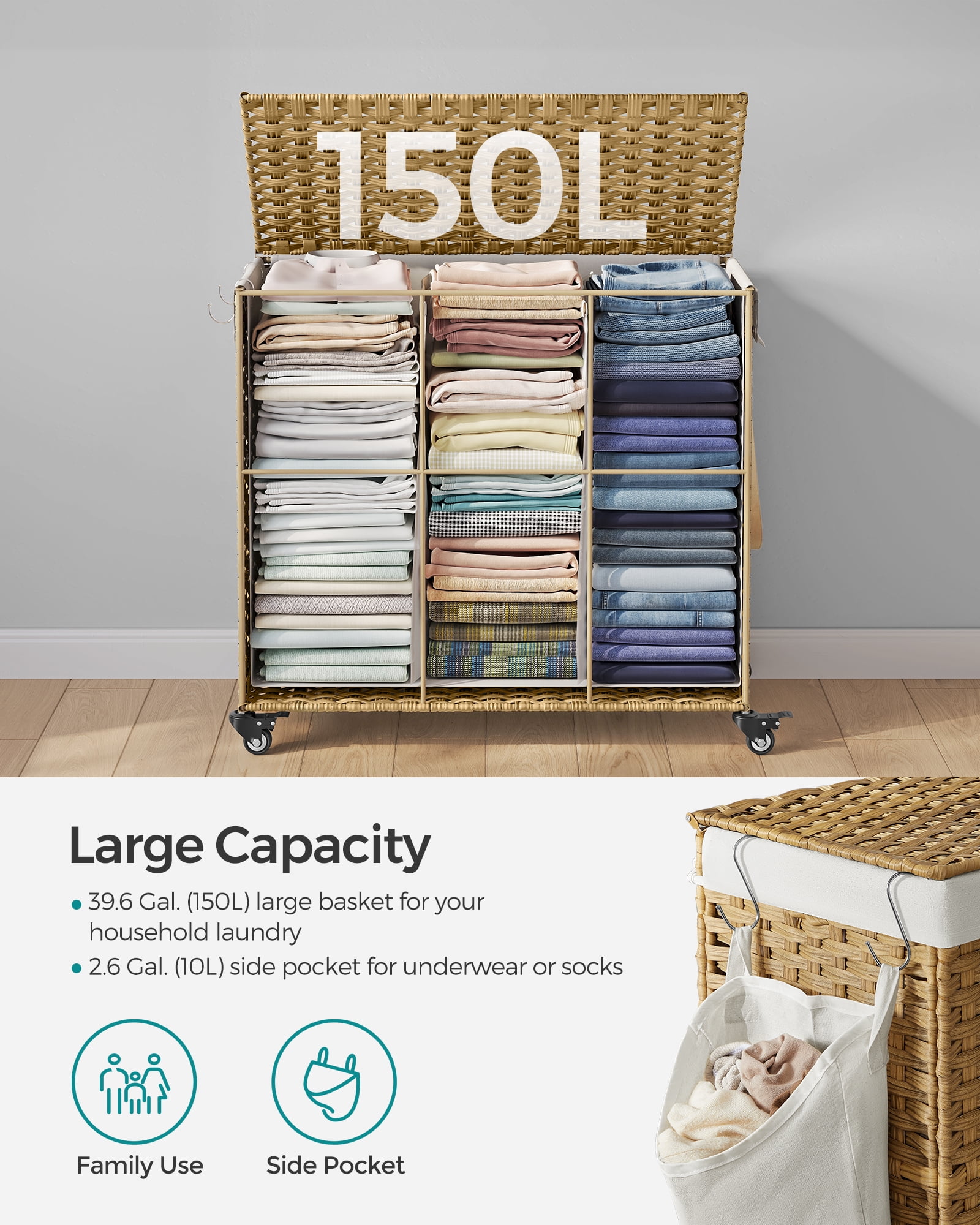 SONGMICS 160L Laundry Hamper with Lid Rolling Laundry Basket with Wheels 3-Section Synthetic Rattan Laundry Hamper Removable Liner for Bedroom Natural