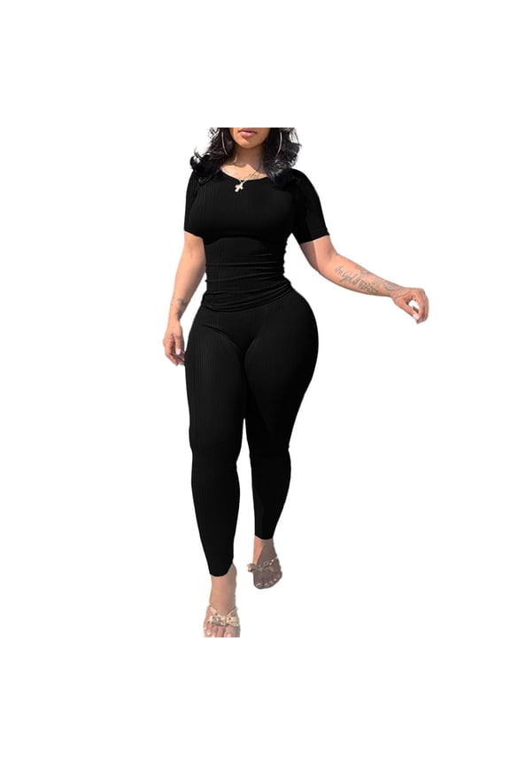 Two Piece Sets for Women Summer Casual Jogger Workout Outfits Fitted Crew Neck T-shirt High Waist Legging Sets Black L