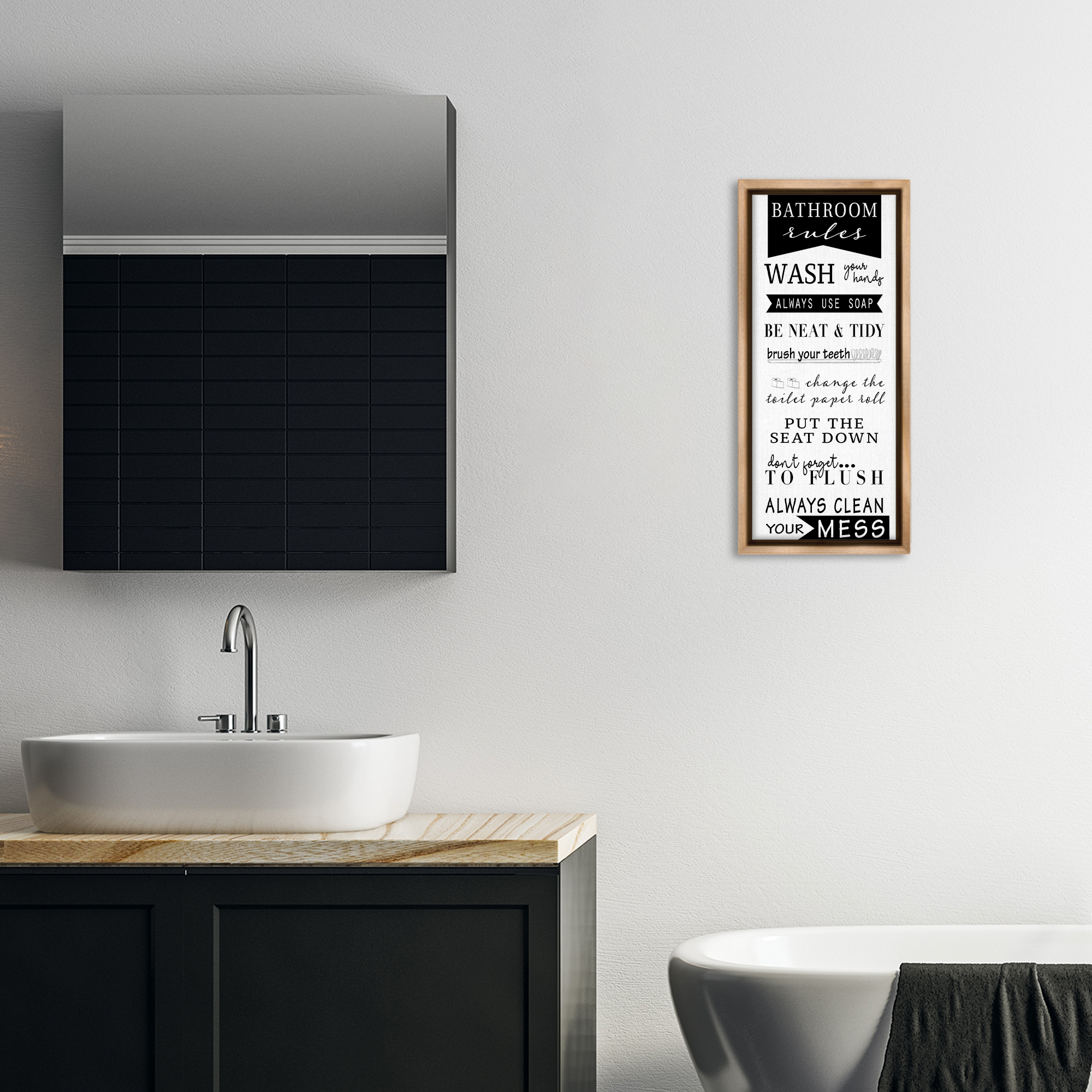 Stupell Industries Black Bathroom Rules Typography Painting Brown Floater Framed Canvas Art Print Wall Art, 11 x 25