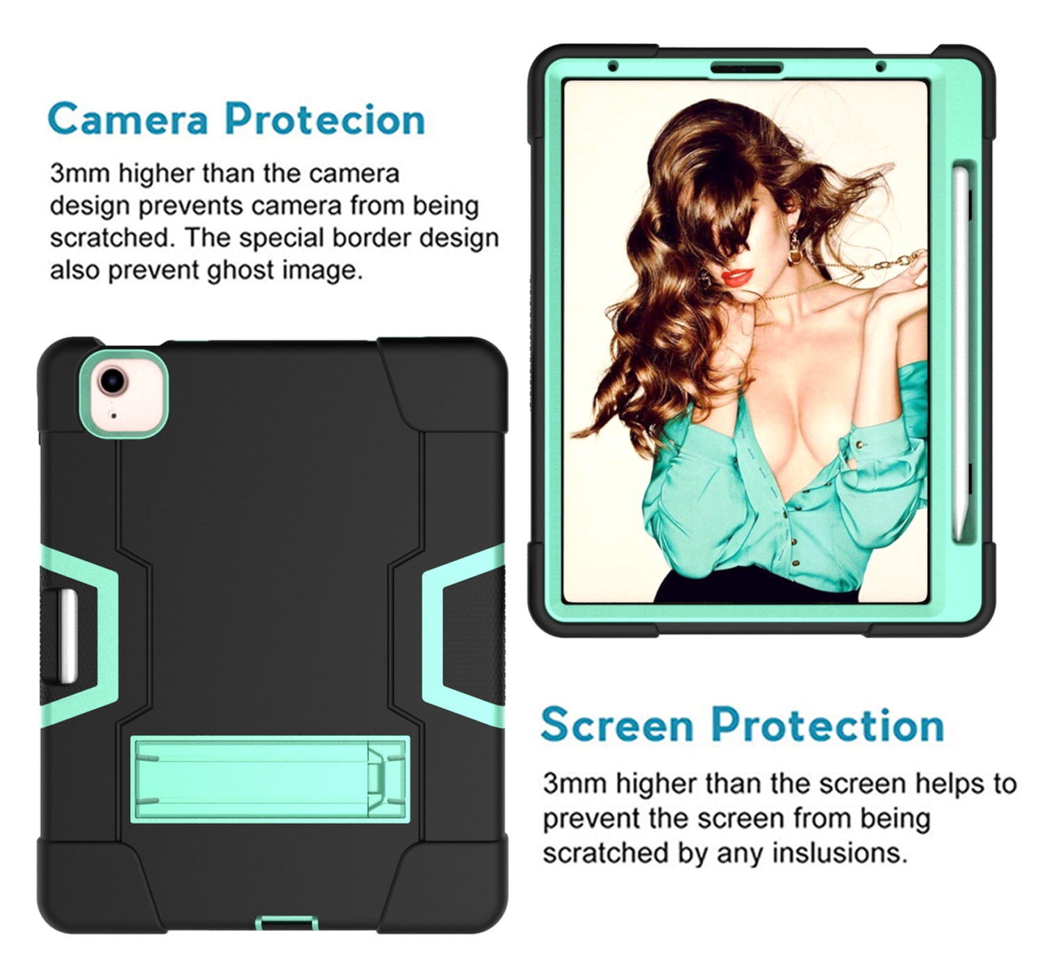 Allytech iPad Air 5 Case 2022, iPad Air 4 Case 2020, Heavy Duty Protection Shockproof Build In Kickstand Pencil Holder Kids Friendly Case for Apple iPad Air 5th 4th Generation, BlackBlack/Aqua