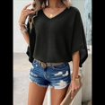 thumbnail image 4 of Camisas Holgadas de Punto Gofre con Cuello en V para Mujer, de Corta, Informales, de Verano 2025, Modernas, Lisas, Y2K. Negro S, 4 of 10
