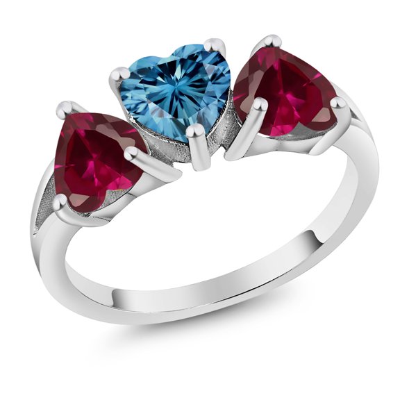Gem Stone King 925 Sterling Silver 3-Stone Ring Heart Shape Persian Blue Moissanite and Created Ruby Red (2.72 Cttw, Size 9)
