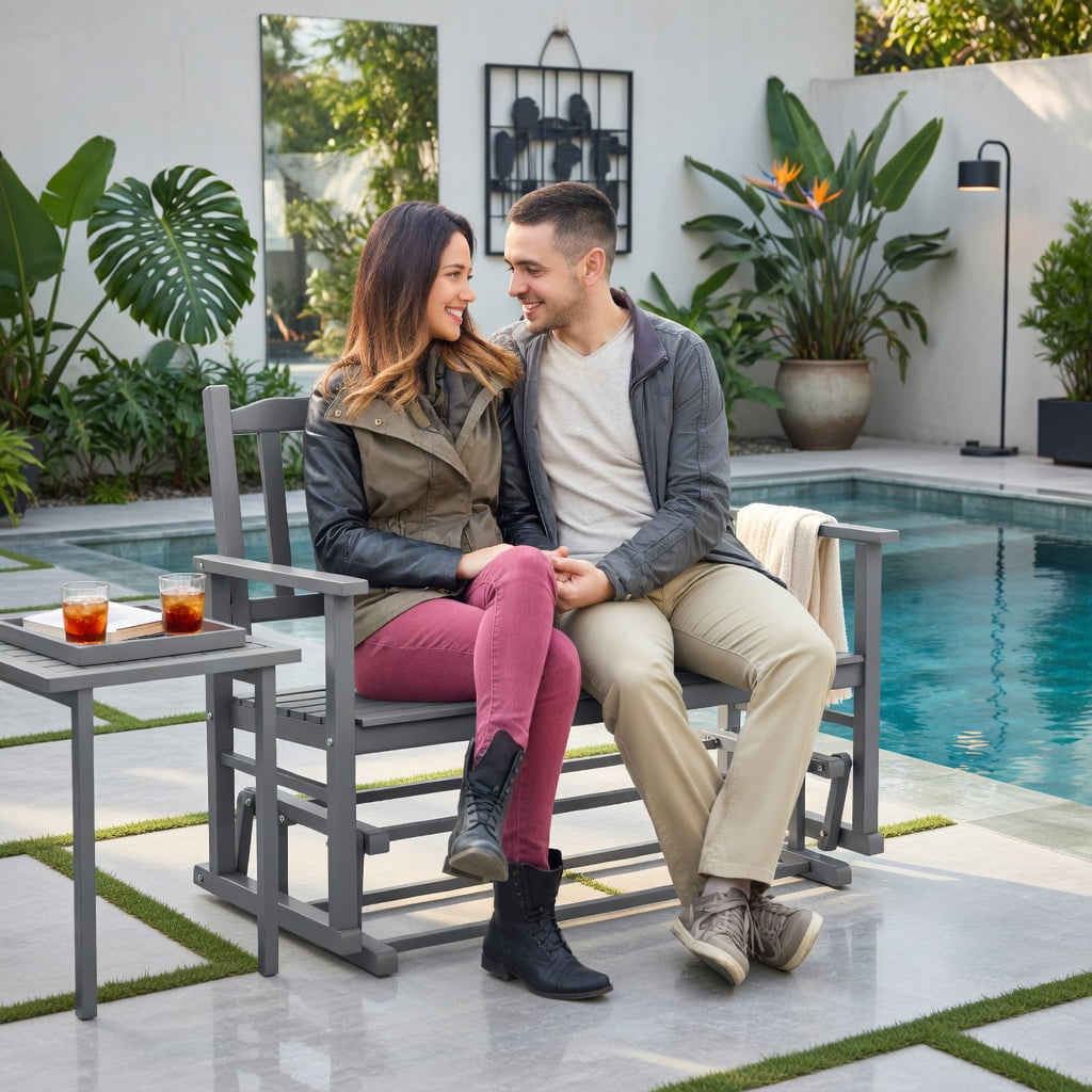 Hommoo 2-Person Outdoor Glider Bench, Poplar Wood Rocking Patio Bench with Ergonomic Slatted Seat & Armrests, Gray