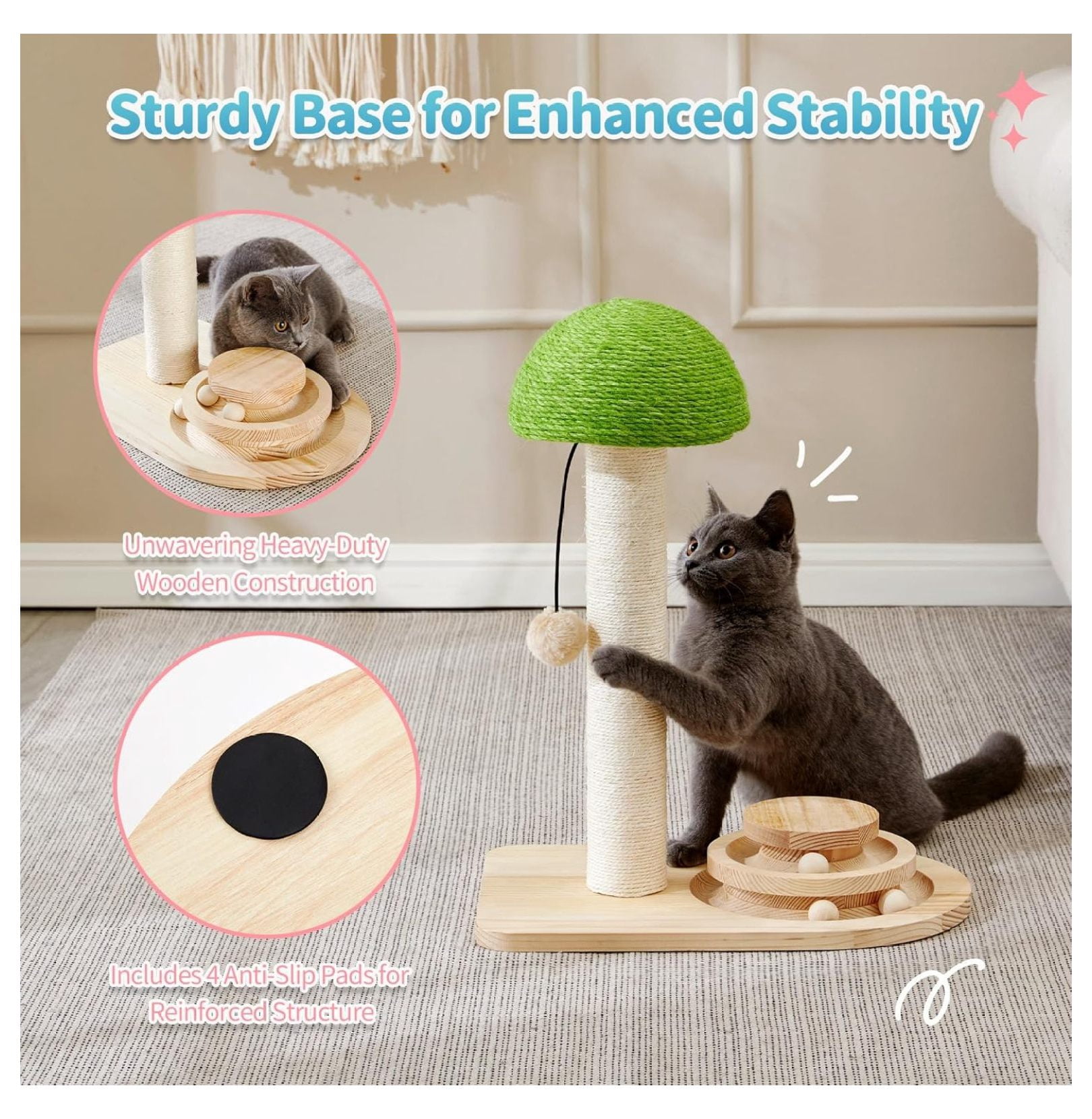 Cat Scratching Post Mushroom, Sisal Scratcher with Ball Toy - 20 Inch Kitten Scratcher for Indoor Cats - Interactive Wood Cat Tree Activity Center Green