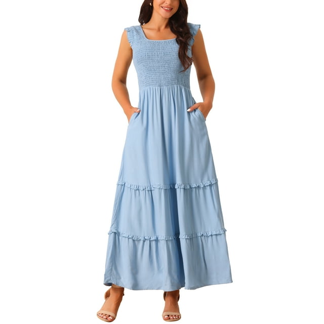 INSPIRE CHIC Robe d'Été Sans Manches pour Femme Col Rond Robe Maxi Décontractée avec Poches m Bleu