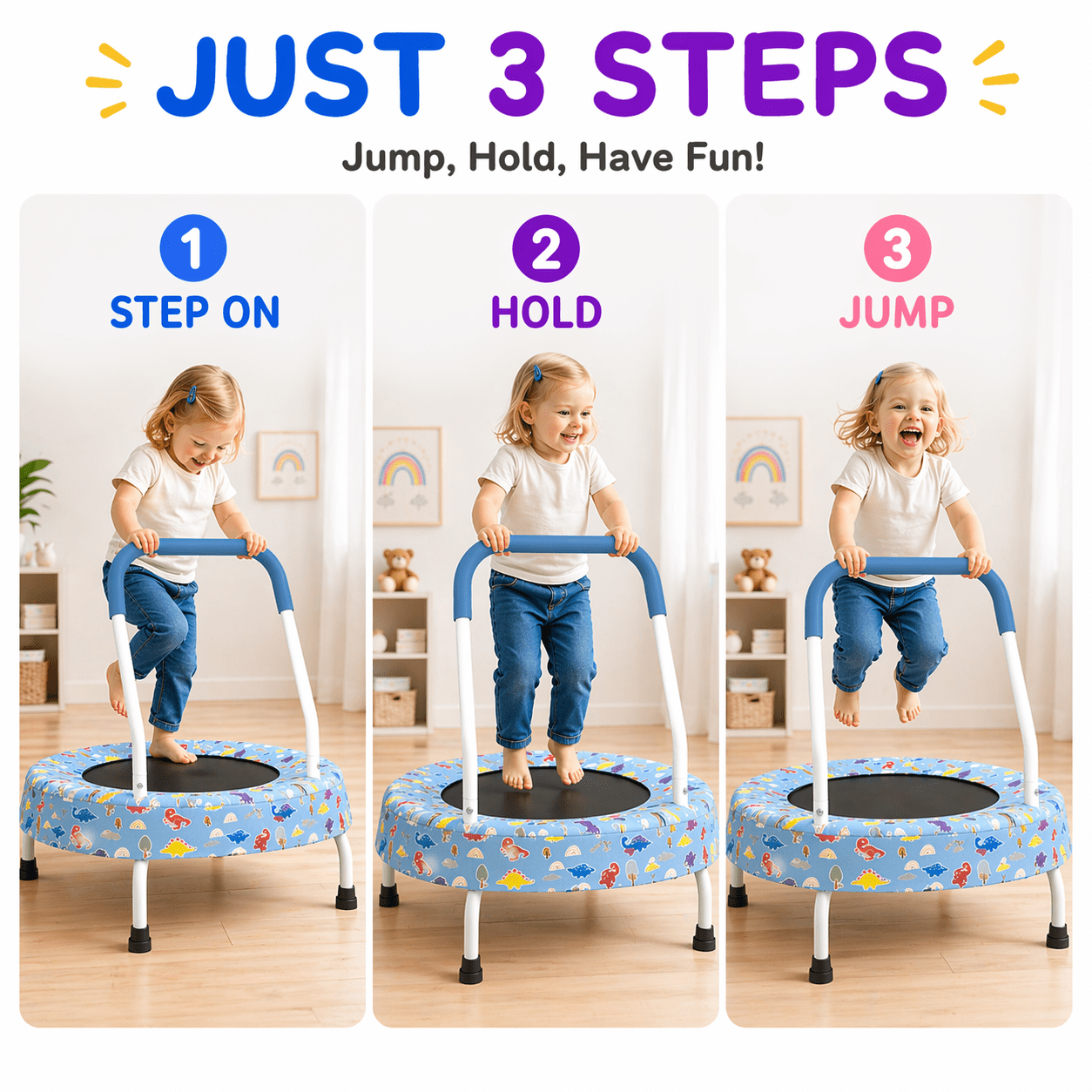 Witaxima 28inch Toddler Trampoline with Handle for Kids 1-4 Years, Indoor/Outdoor Baby Bouncer, Blue Forest, Max Weight 55lbs, Spring-Free Design