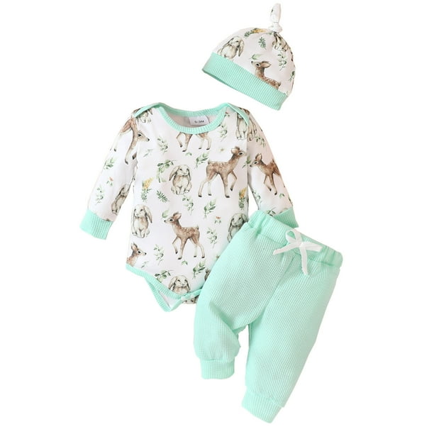 Gibobby Conjunto de ropa para bebé y niño Ropa para bebé recién nacido, infantil, floral + pantalones + sombrero, ropa para niña pequeña(Verde,0-3 Meses)