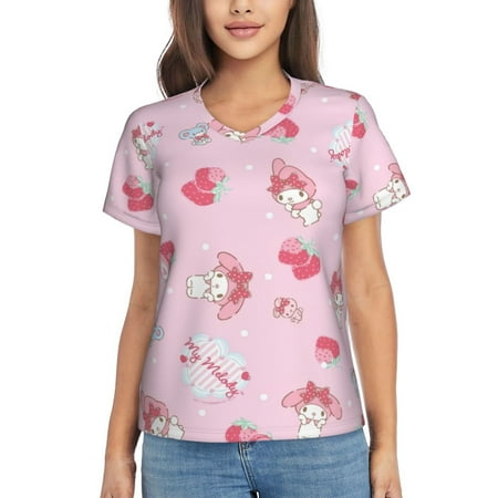 

My Melody Women S Classic-Fit Cotton Short-Sleeve V Neck T-Shirt，Tunic Blouse Top Ladies Casual Loose Top