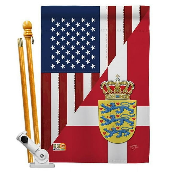 Breeze Decor BD-FS-HS-108387-IP-BO-D-US16-BD 28 x 40 in. US Denmark Friendship Flags of the World Impressions Decorative Vertical Double Sided House Flag Set with Pole Bracket Hardware