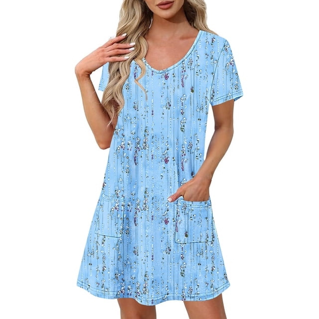 Pisexur Robes Femmes Belle Robe d'Été pour la Mode Féminine d'Été Imprimé à Manches Courtes Col en V Robe Décontractée Bleu Ciel,G