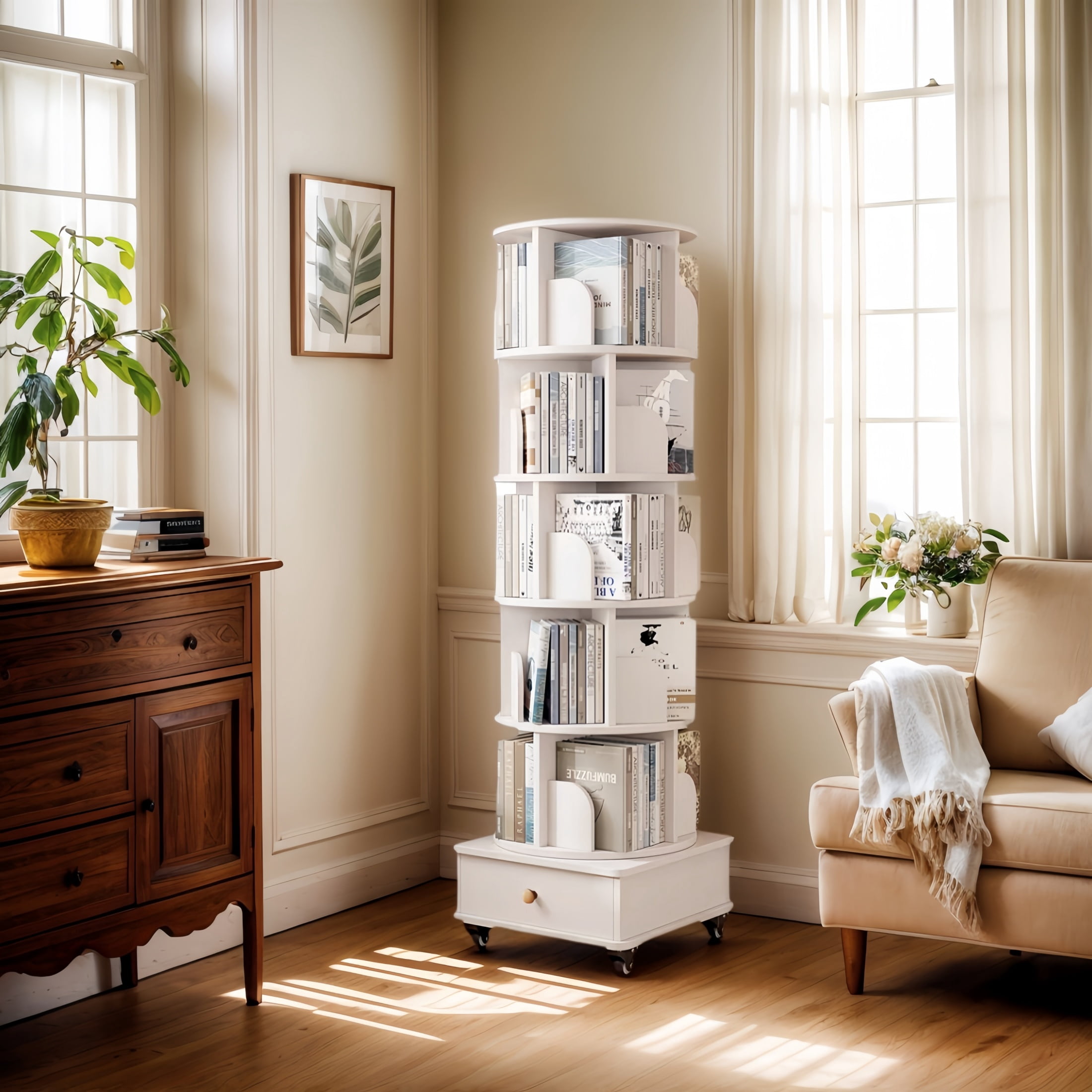 Atumcto Rotating Bookshelf with Drawer, 6 Tier 360 ° Corner Bookcase with Wheels, Tall Narrow Storage Shelf for Small Spaces, Bedroom Living Room, White