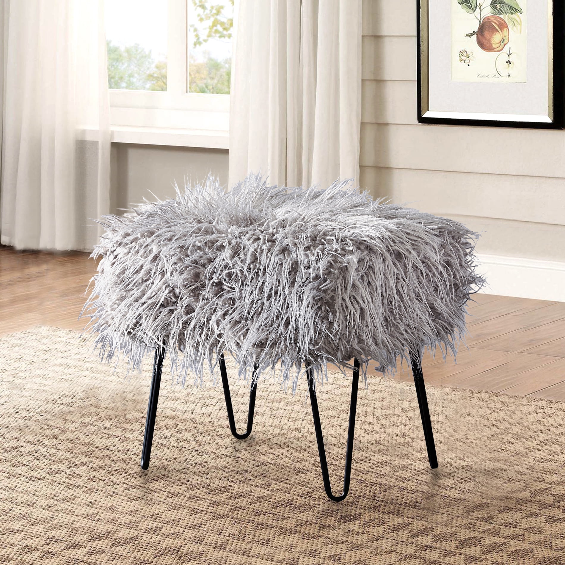 Ottoman Mongolian Fur Ottoman Grey 19" x 13" x 7"