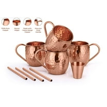 AVADOR Set of 4 Handcrafted 100% Pure Copper Moscow Mule Mugs Hammered Finish 16 Oz. Gift Set Boxed with Shot Glass and Copper Straws