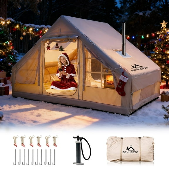 9.8' x 7' Inflatable Camping Tent,4 Season Blow up Tents for Camping, 4-6 Person Inflatable Tent with Stove Jack,Air Tents,Glamping Tent,Waterproof Luxury House with Mesh Window