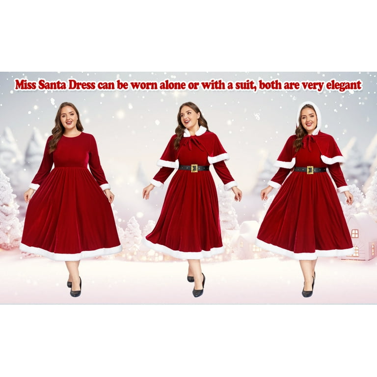 Mrs Claus Costume for Women 3PCS Deluxe Velvet Adult Miss Santa Dress Plus  Size Xmas Outfit Set with Hooded Cape Belt-3XL