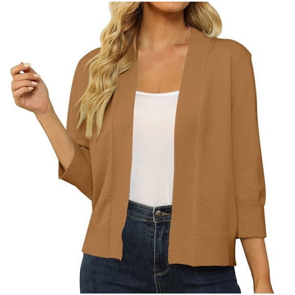 HTNBO 3/4 Sleeve Cardigan for Women Crochet Cropped Cardigan Cable Knit Cardigan Lightweight Casual Cardigan