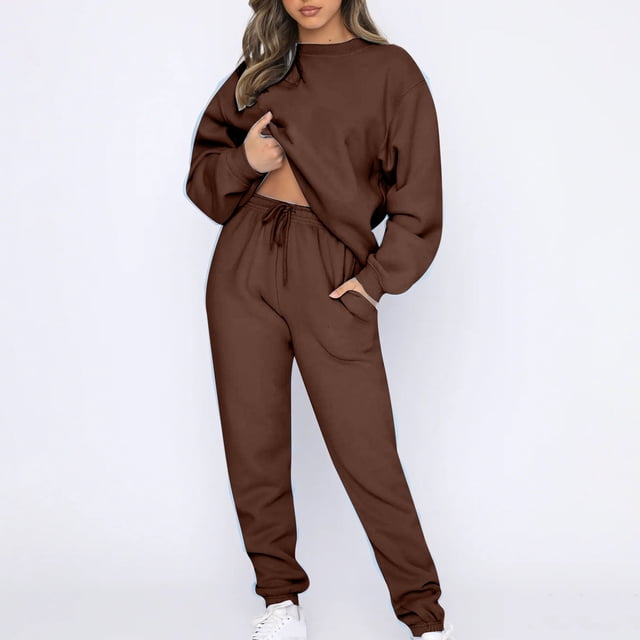 FNFYFH Clearance Chandails en Molleton en Molleton pour Femmes Survêtements Automne 2025 Manches Longues Confort Col Rond Pull avec Cordon de Serrage Tenues Athlétiques Café,m