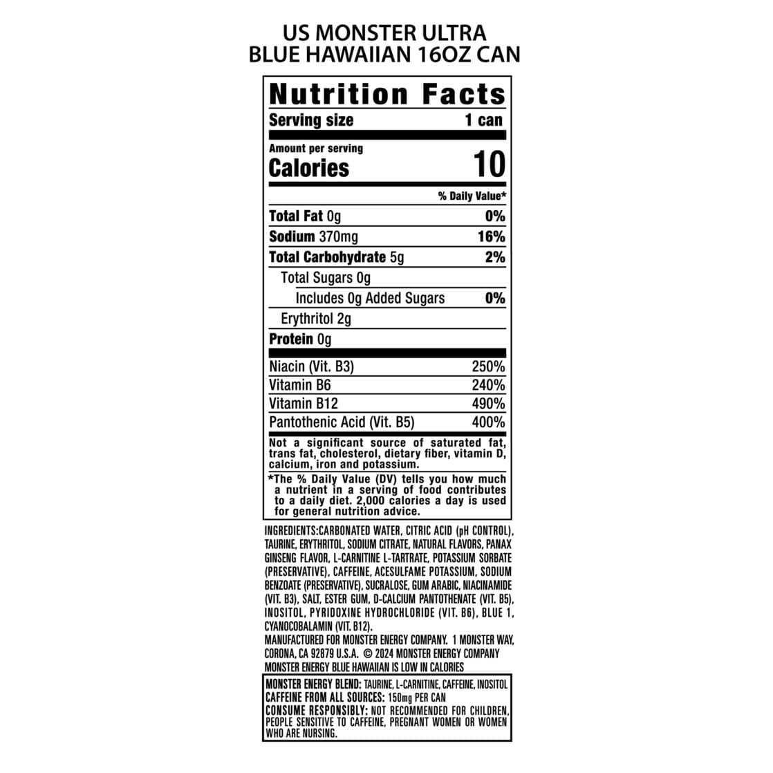 Monster Energy Ultra, Blue Hawaiian, Sugar Free Energy Drink, 16 Fl Oz (4 Pack)