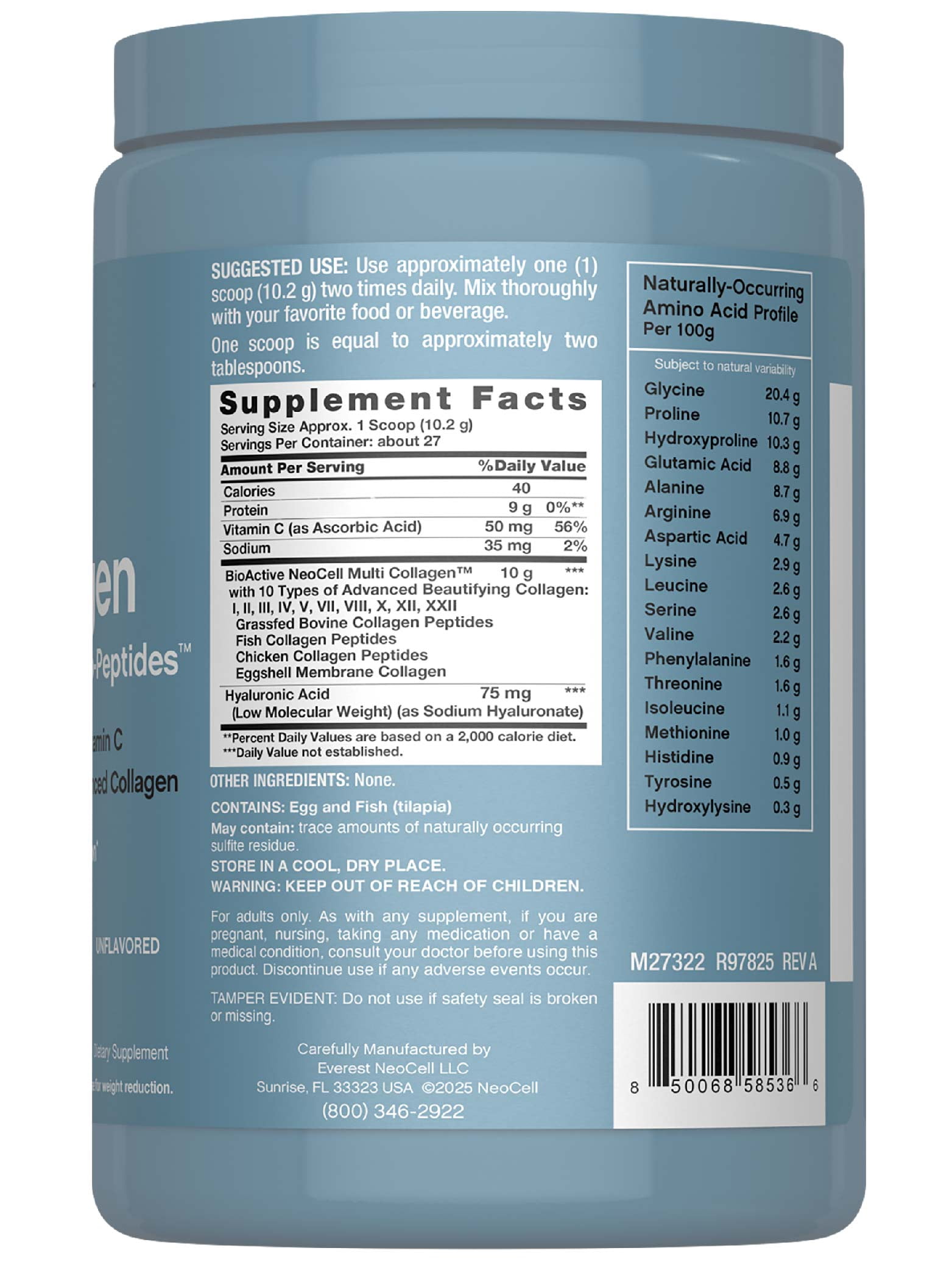Multi Collagen Bio-Peptides Powder | 22oz with Hyaluronic Acid and Vitamin C | Grass fed Protein Supplement | by NeoCell