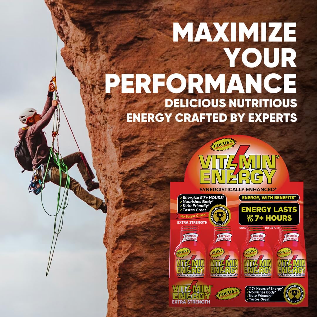 Vitamin Energy Focus+ Extra Strength Shot, Tropical Infusion, 12 Pack – 260mg Natural Caffeine, CoQ10 & B-Vitamins, Zero Sugar, 1.93 fl oz