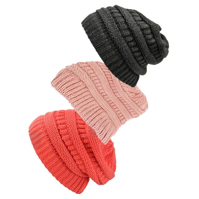 Bonnet Tricoté pour Femmes Lot de 3 - Noir/rose Inde/corail