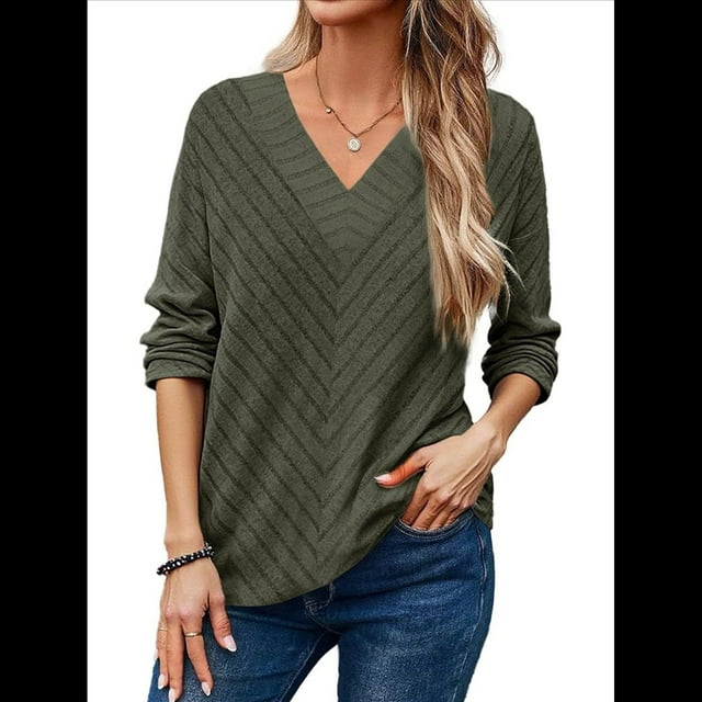 Camisa de Larga de Otoño para Mujer, Cuello en V, Jersey de Punto, Túnica, Camisa Formal Informal para Mujer Verde M
