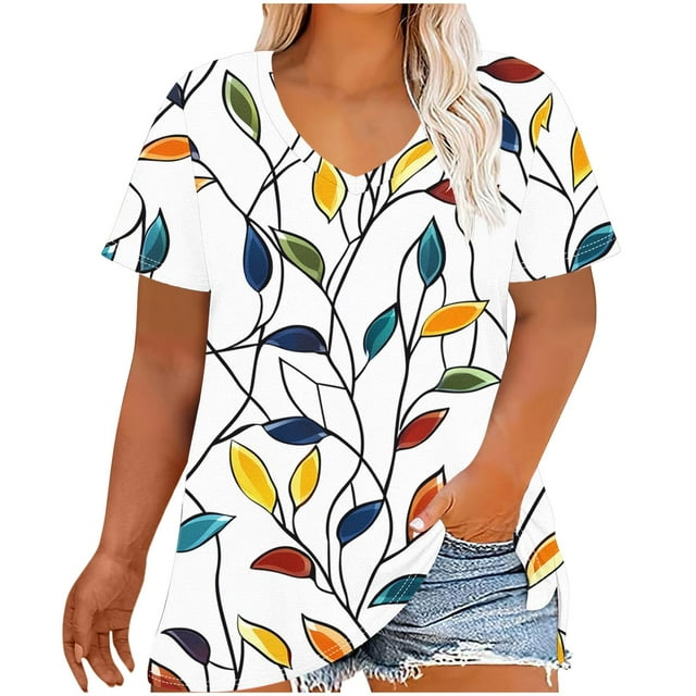 Camisetas Casuales de las Mujeres Más Tamaño V-Cuello Impresión Manga Corta Color Sólido Base de Verano Superior, Ligero para Diario