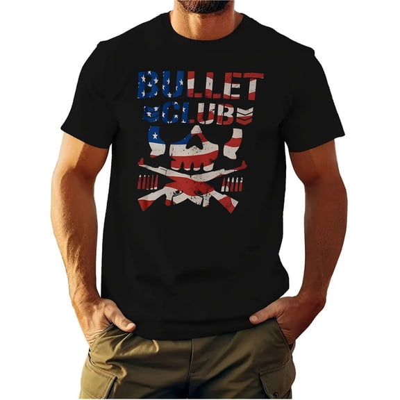 Men's Bullet Club Graphic T-Shirt - Patriotic Skull & American Flag Design, Soft Stretch Crew Neck, Regular Fit Casual Tee for Sports, Gifts & Casual Attire, Medium Elasticity Shirt, Comfortable Fit