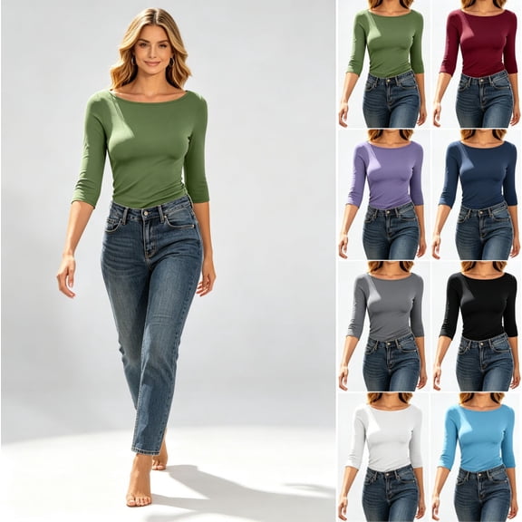 HongQid Fitted Top for Women 3/4 Sleeve Boat Neck Three Quarter Sleeve Soft Stretch Knit Slim Ladies Basic Tees Spring Summer Clothing Fall Trendy