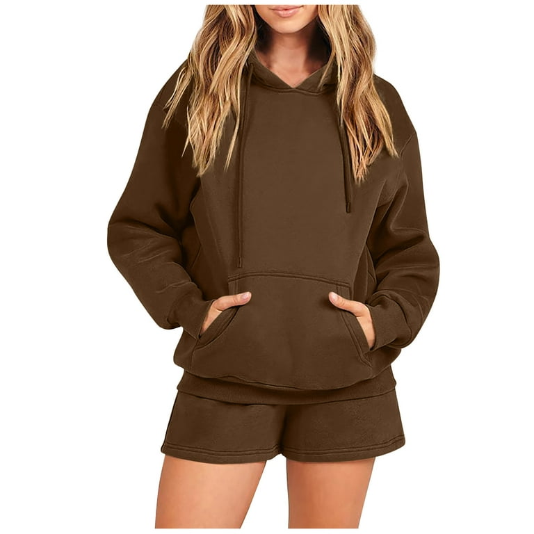 Women 2 Piece Outfits Hoodie Short Set Oversized Sweatshirt Shorts  Sweatsuit Y2K Clothes Women's Two Piece Outfits Tracksuit Pullover  SportSets Long