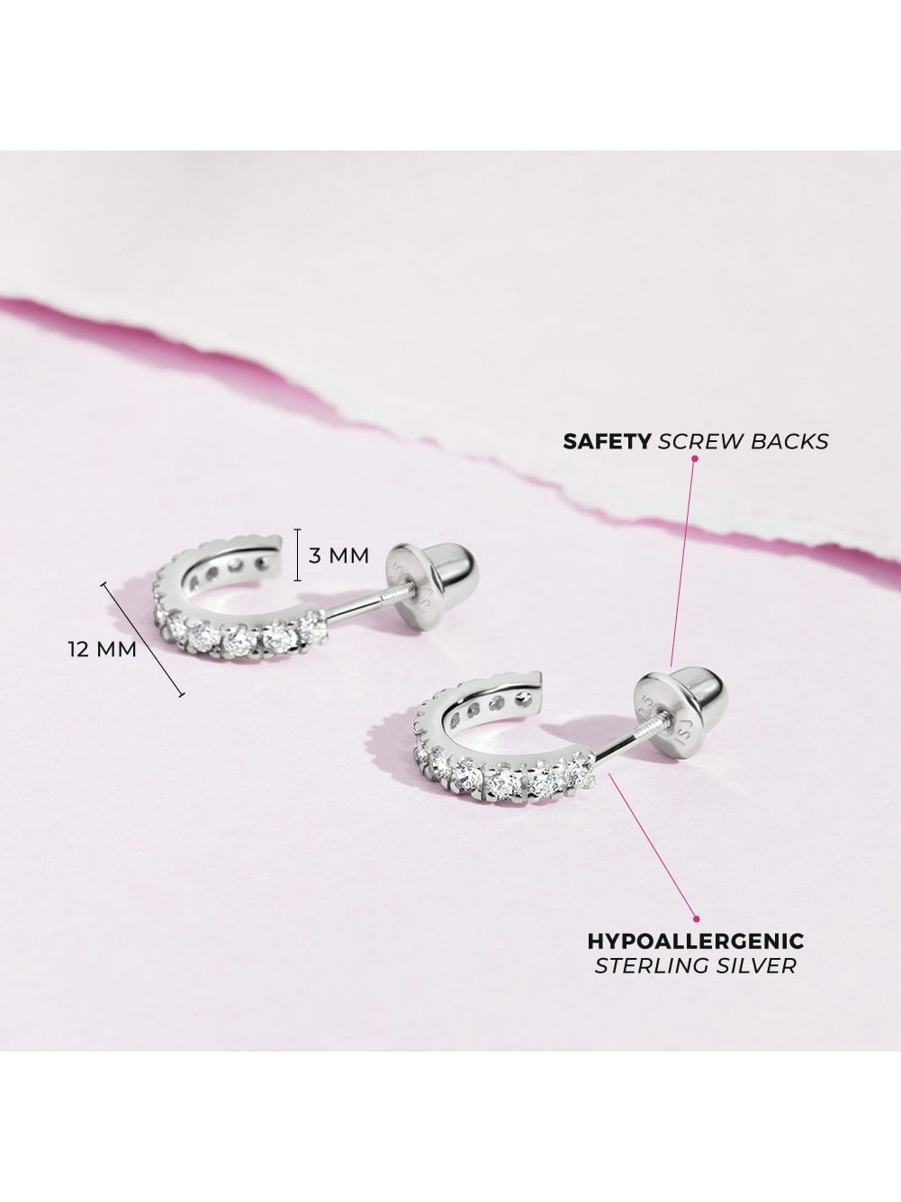 925 Sterling Silver Clear CZ Small Half Hoop Screw Back Cute Earrings for Teen