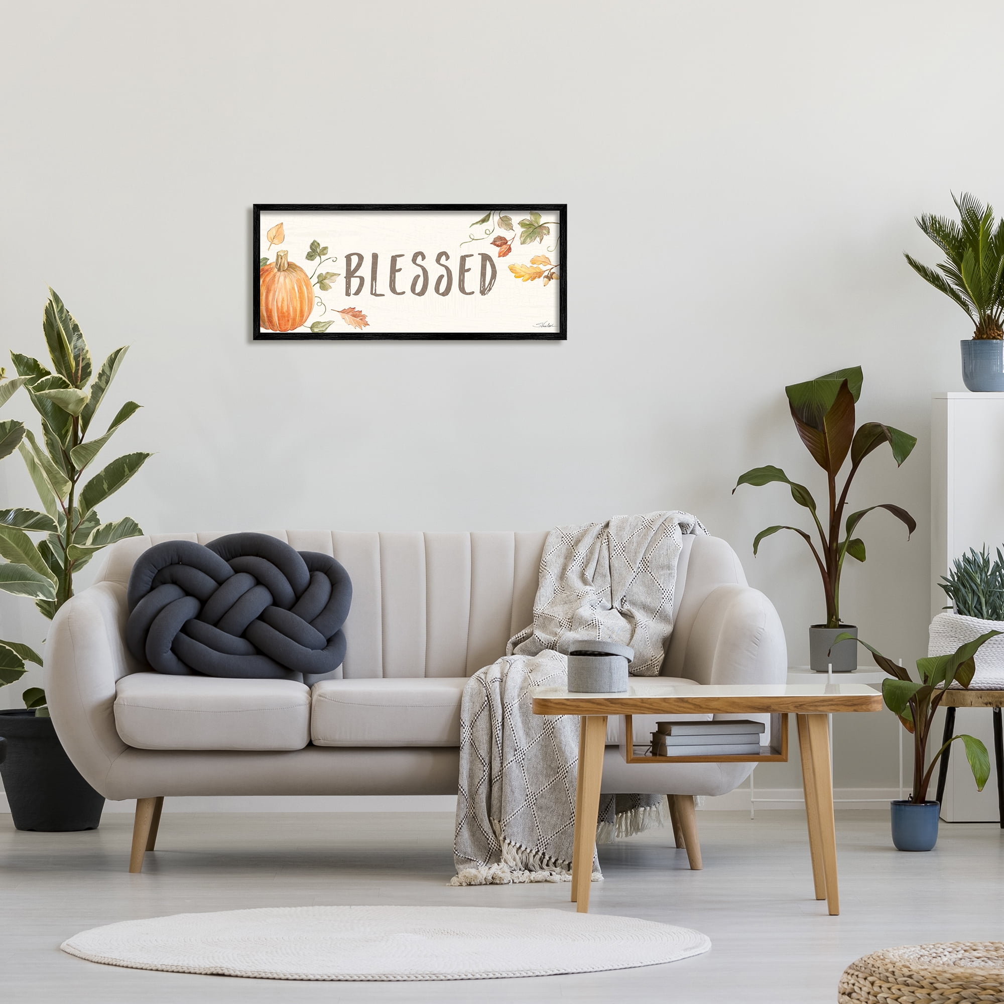 Stupell Industries Blessed Sentiment Orange Farm Pumpkin Fall Leaves Food & Beverage Painting Black Framed Art Print Wall Art, 13 x 30