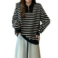 thumbnail image 3 of BiZtdJrK 1/4 Zip Pullover Women Striped Turndown Collar Long Sleeve Casual Sweatshirts Drop Shoulder Fashion Sweat Shirt Black M, 3 of 4