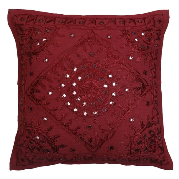 Stylo Culture Ethnic Settee Sofa Throw Pillow Cover 16x16 Hand Embroidered Maroon Boho 40x40 cm Living Room Toss Pillow Case Cotton Mirrored Square Cushion Cover | 1 Pc