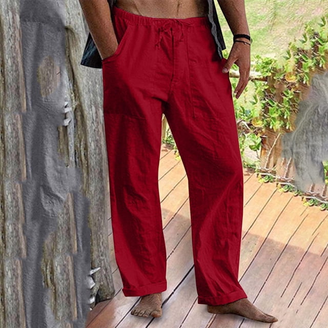 Ceisia Men's Solid Color Cotton Linen Casual Pants Loose Straight Leg Drawstring Trousers for Summer Red XXL Gifts