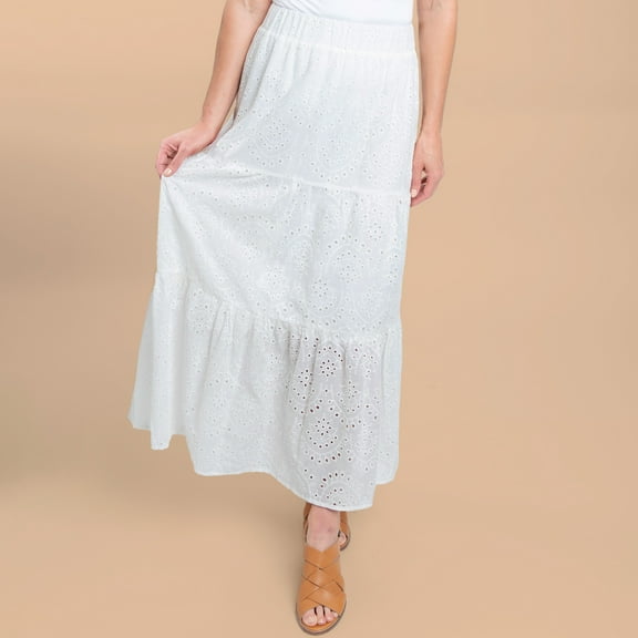 Elsie & Zoey Solange XL White Embroidered Eyelet Paneled Maxi Skirt for Women