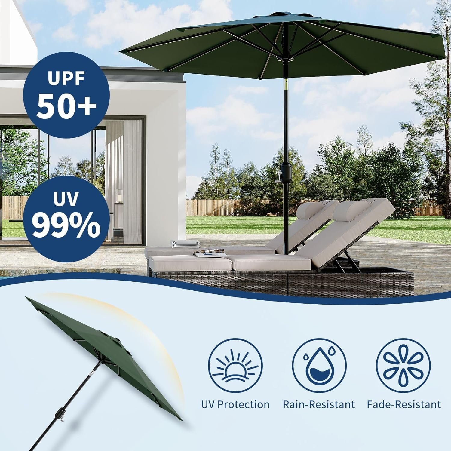 Home Outdoor 10ft Patio Umbrella, Table Umbrella Patio with Crank Lift & Push Button Tilt, 8 Sturdy Ribs Table Umbrella, Market Umbrella Sturdy Ribs UV Protection Waterproof for GardenYard, Deck, Pool
