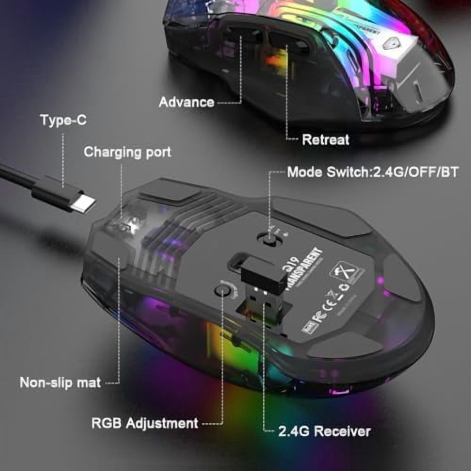 Tri-Mode Wireless Gaming Mouse, 2.4G/Bluetooth/USB-C Wired, Transparent Chroma RGB Mouse, 3600 DPI Optical Computer Mouse for PC Laptop Esports (White/Black)