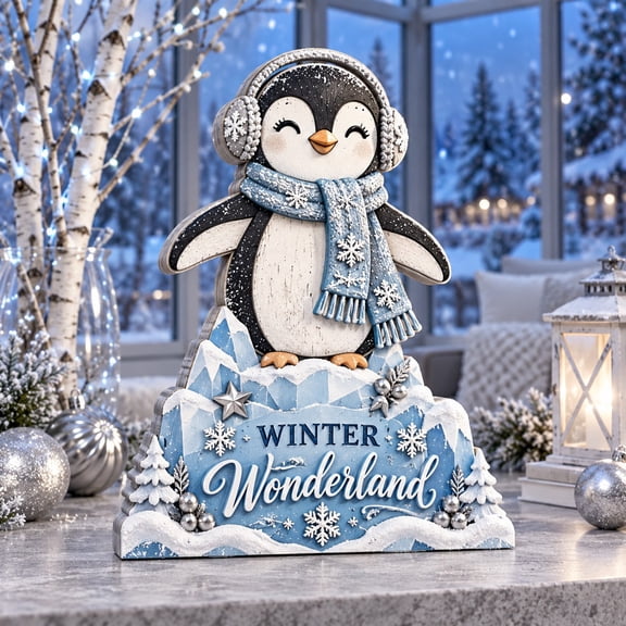 Winter Wonderland Penguin Wooden Block 3 Layer Christmas Decor