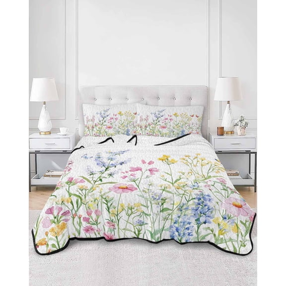 Quilts Queen Size, Spring Floral Soft Comforter Bedding Set for Bed, Colorful Watercolor Botanical Summer Lightweight Quilted Bedspread with Pillow Cover(2 Pieces) for All Season, 90x96 Inch
