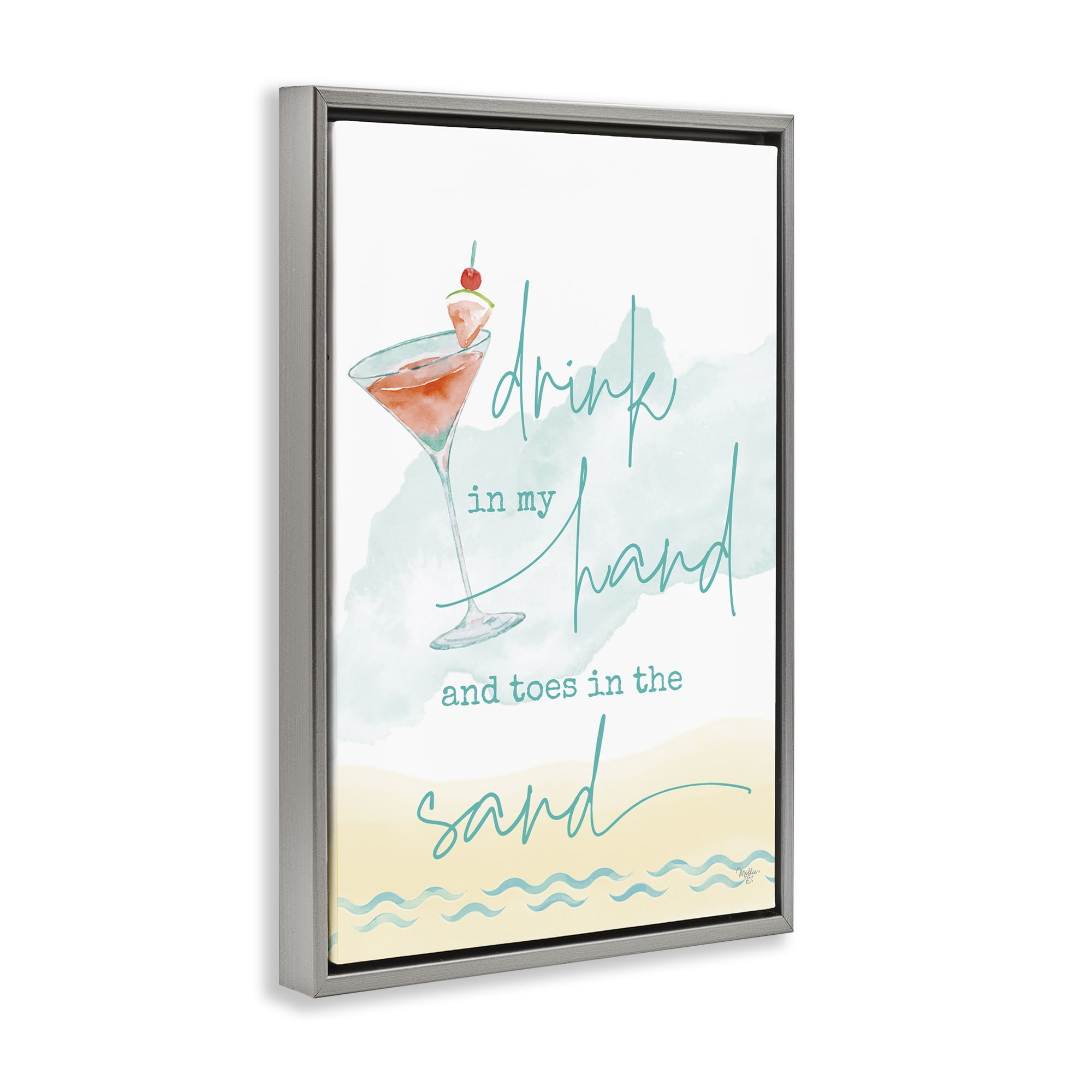 Stupell Industries Drink & Sand Beach Sentiment Text & Numbers Painting Gray Floater Framed Canvas Art Print Wall Art, 21 x 31