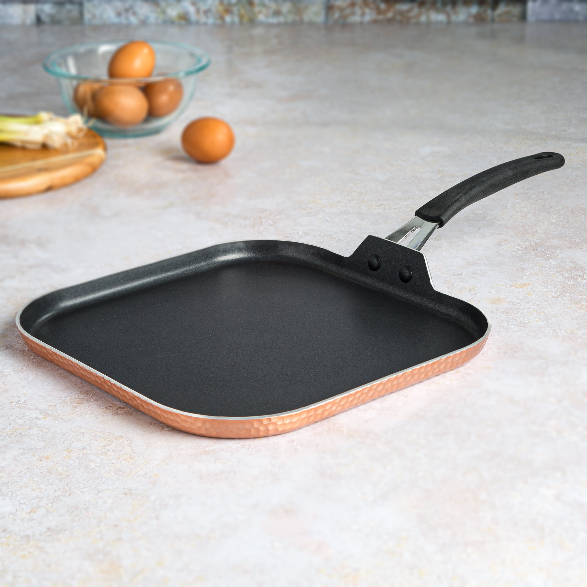 Ecolution Impressions 11” Square Aluminum Griddle Pan, Dishwasher Safe,  Hammered Copper 