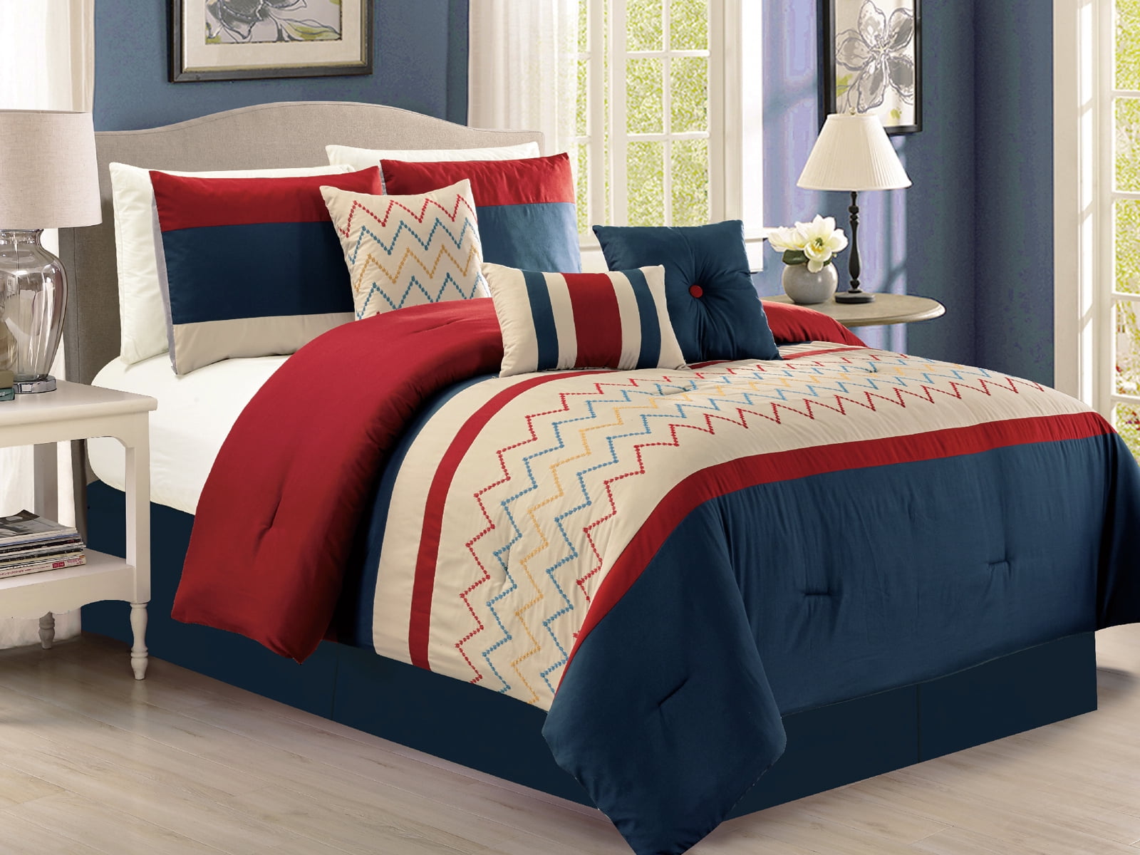 7 Pc Tommi Chevron Zigzag Herringbone Embroidery Comforter Set
