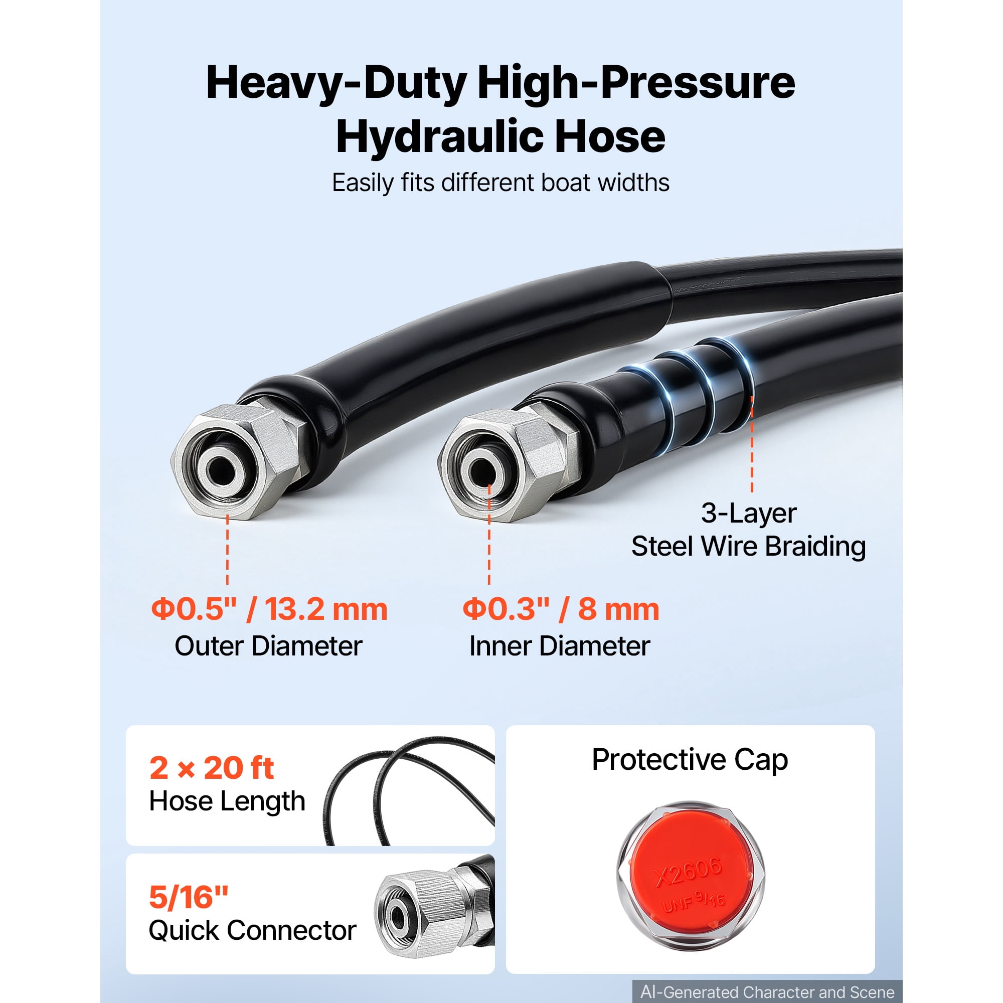 KFFKFF Hydraulic Steering Kit for 150HP Outboard Engines, 20 ft Marine Steering System, 2.5 MPa Helm Pump, Two-Way Lock Cylinder, Durable 20-Foot Hoses, Designed for Single-Engine Applications