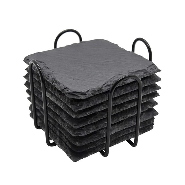 Juego de 8 posavasos de pizarra rústicos y duraderos con soporte para cocina. Cuadrado