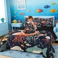 thumbnail image 3 of Manfei Retro Cartoon Fish Coral Jellyfish Ocean Bedding Comforter Set for Kids Boys and Girls, Nautical Life Print King Bedding Sets, Black Reversible 7pcs, 3 of 6