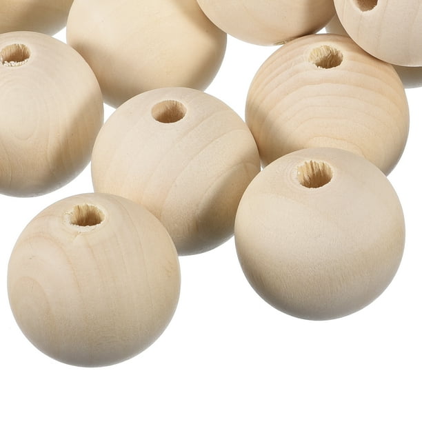 Paquete de 12 cuentas espaciadoras de madera natural de 50 mm, cuentas redondas de madera sin terminar de gran agujero de 10 mm