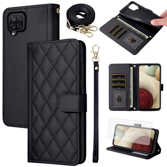 Furiet Argyle Wallet Case for Samsung Galaxy A12/M12 with Tempered Glass Screen Protector Wrist Strap Shoulder Strap, Card Slots Folio Purse Stand Phone Cover for A 12 5G A-12 S12 12A 4G Women Black
