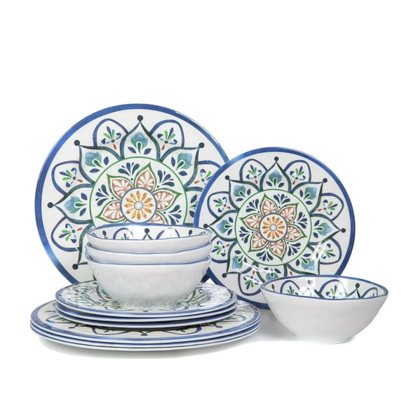 12 Piece Melamine Dinnerware Sets - Plates And Bowls Sets Floral Dinnerware Sets- Spring Camping Dishs Indoor Outdoor Use,Flowers