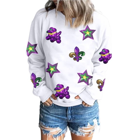 Women's White Sequin Mardi Gras Graphic Crewneck Sweatshirt - Fun & Casual Style - [ZhiHiMeRi] | (US 20-22)2XL